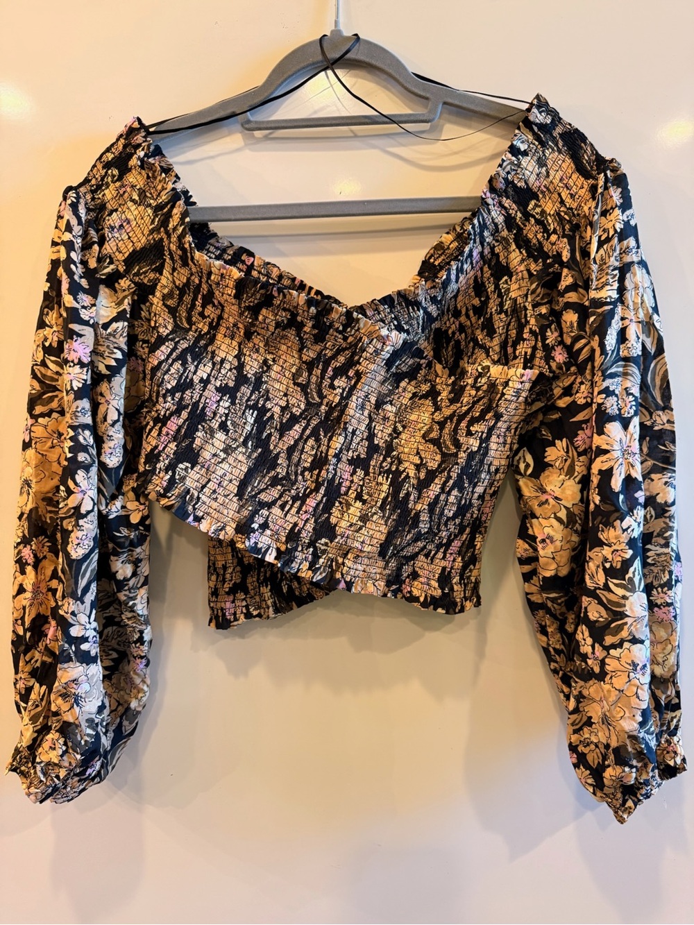 Free People Black Floral Smocked Off-Shoulder Crop Top